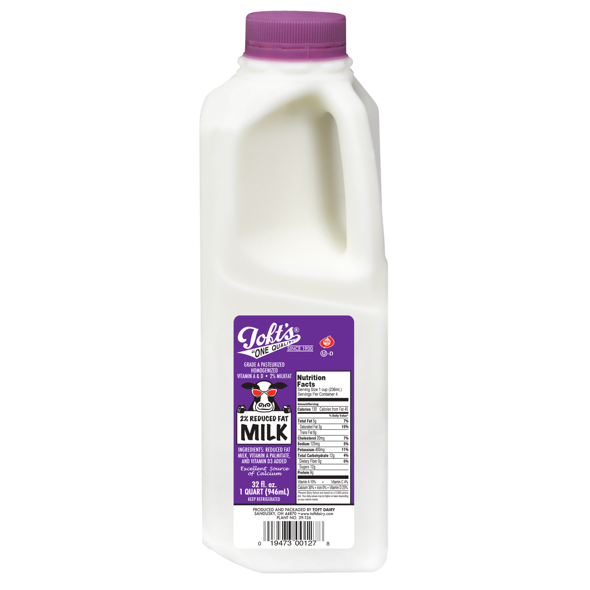 slide 1 of 1, Toft Dairy Toft 2% Reduced Fat Milk, Quart, 1 qt