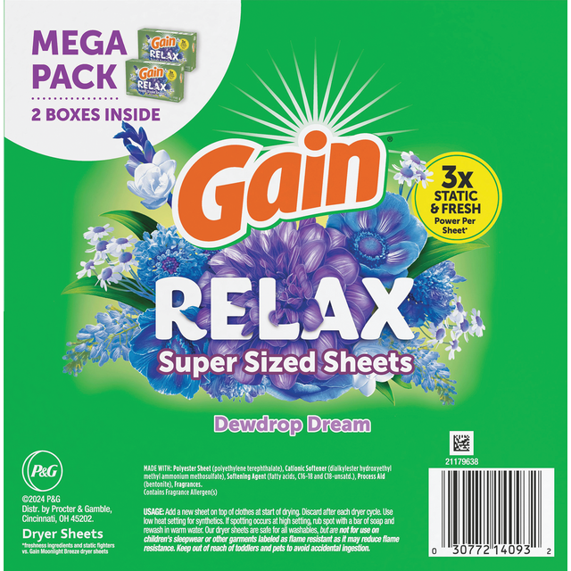slide 1 of 1, Gain Relaxed Super Sized Dryer Sheets, Dewdrop Dream, 130 Ct, 130 ct