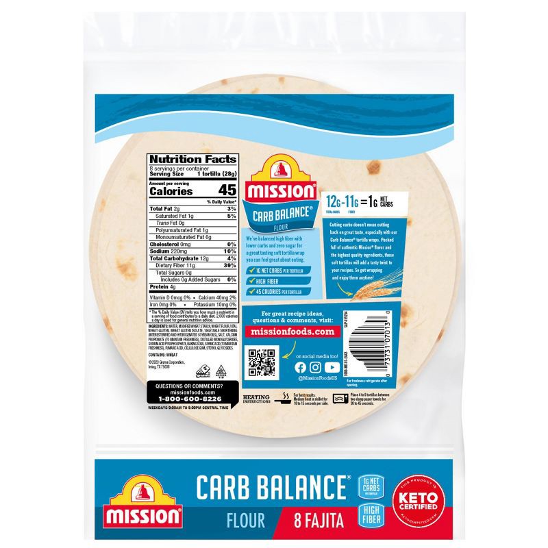 slide 2 of 4, Mission Fajita Size Carb Balance Flour Tortillas - 8oz/8ct, 8 ct; 8 oz