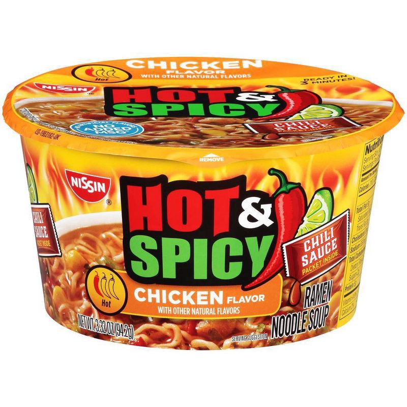 slide 1 of 4, Nissin Foods Hot & Spicy Chicken Bowl Noodles 3.32oz, 3.32 oz