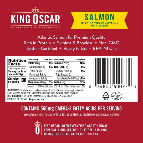 slide 6 of 9, King Oscar Skinless & Boneless Atlantic Salmon, EVOO with Lemon, 4.05 oz, 4.05 oz