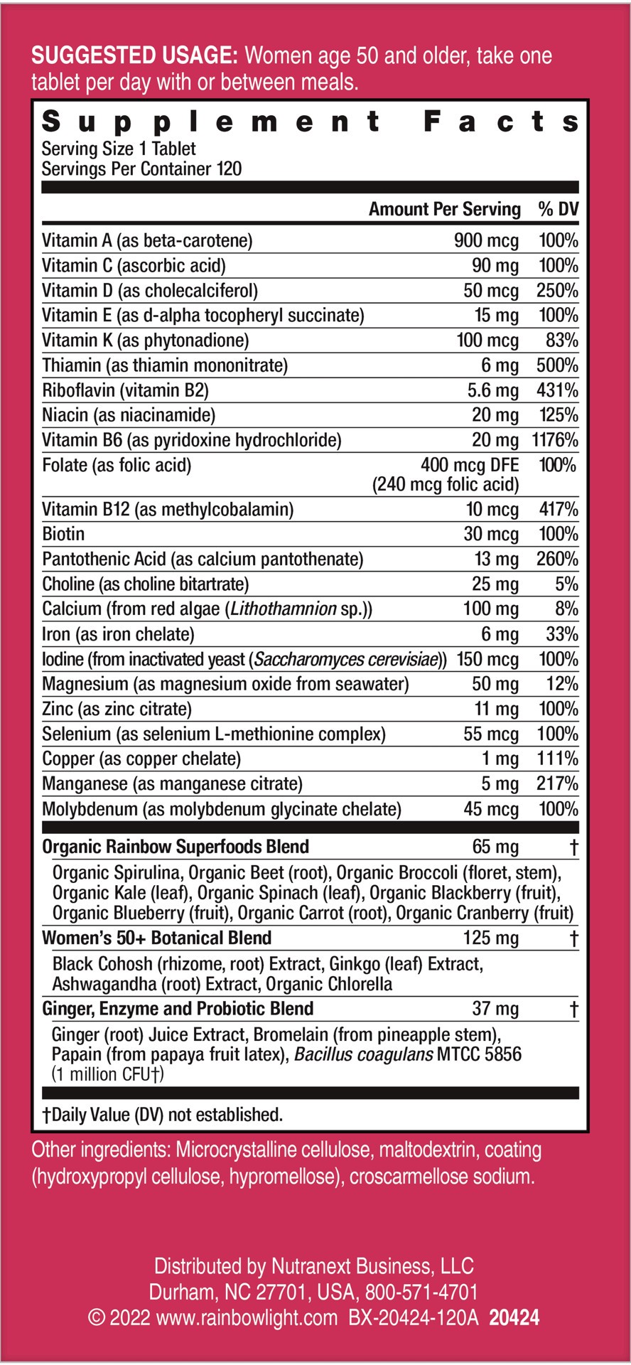 slide 4 of 5, Rainbow Light Women''s One 50+ High-Potency Multivitamin, Women's Daily Multivitamin Supports Whole Body Health, 120 Count, 1 Bottle, 1 ct