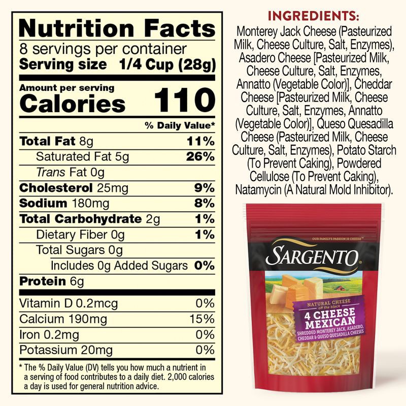 slide 3 of 8, Sargento Off the Block 4-Cheese Mexican Blend Fine Shredded Cheese - 8oz, 8 oz