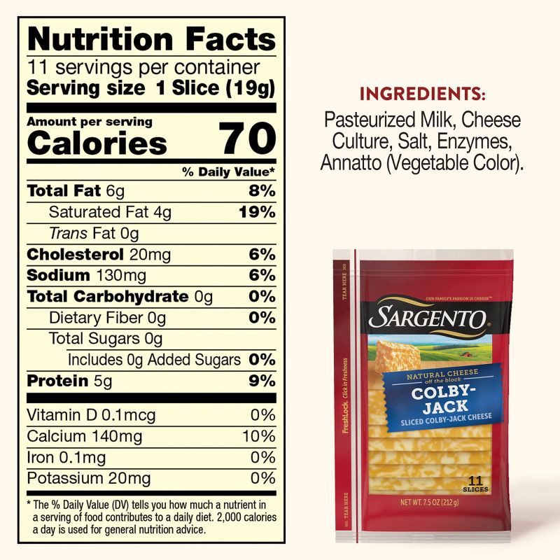 slide 3 of 8, Sargento Natural Colby-Jack Sliced Cheese - 7.5oz/11 slices, 7.5 oz