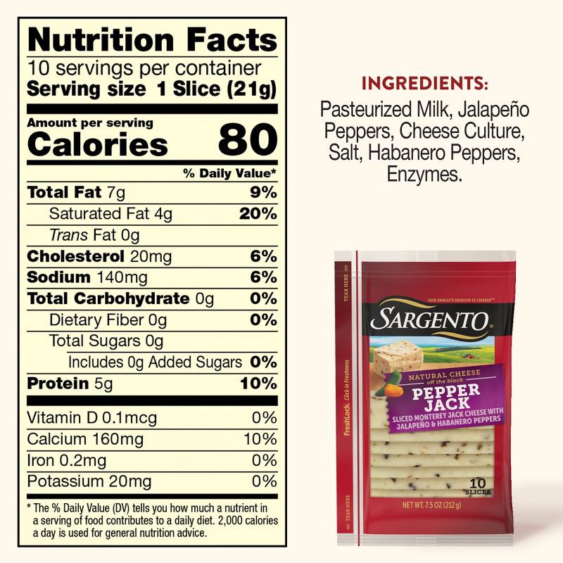 slide 3 of 8, Sargento Natural Pepper Jack Sliced Cheese - 7.5oz/10 slices, 7.5 oz