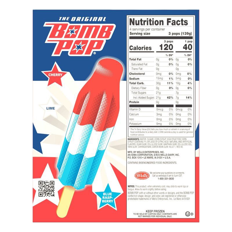 slide 5 of 8, Bomb Pop Original (Cherry, Lime, Blue Raspberry) Frozen Bars - 12pk/21 fl oz, 12 ct, 21 fl oz