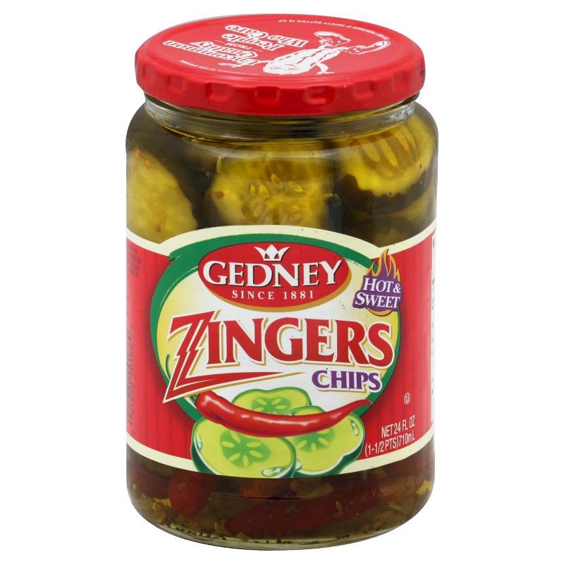 slide 1 of 1, Gedney Pickles Hot & Sweet Zinger Chips - 24 fl oz, 24 fl oz