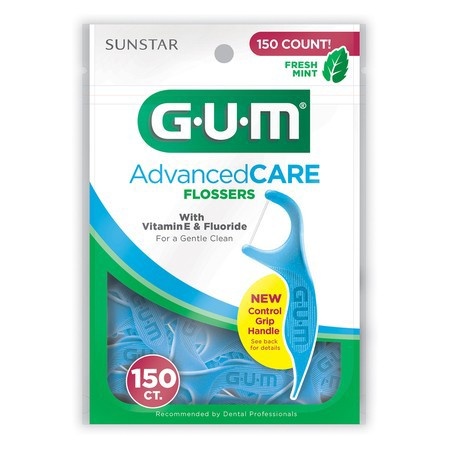slide 1 of 1, G-U-M Advanced Care Flossers with Vitamin E, Fluoride and a Fresh Mint Flavor, 150 ct