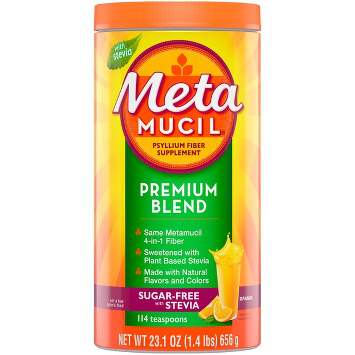 slide 1 of 1, Metamucil Psyllium Fiber Powder, Sugar-Free With Stevia, Natural Orange Flavor,, 23 oz