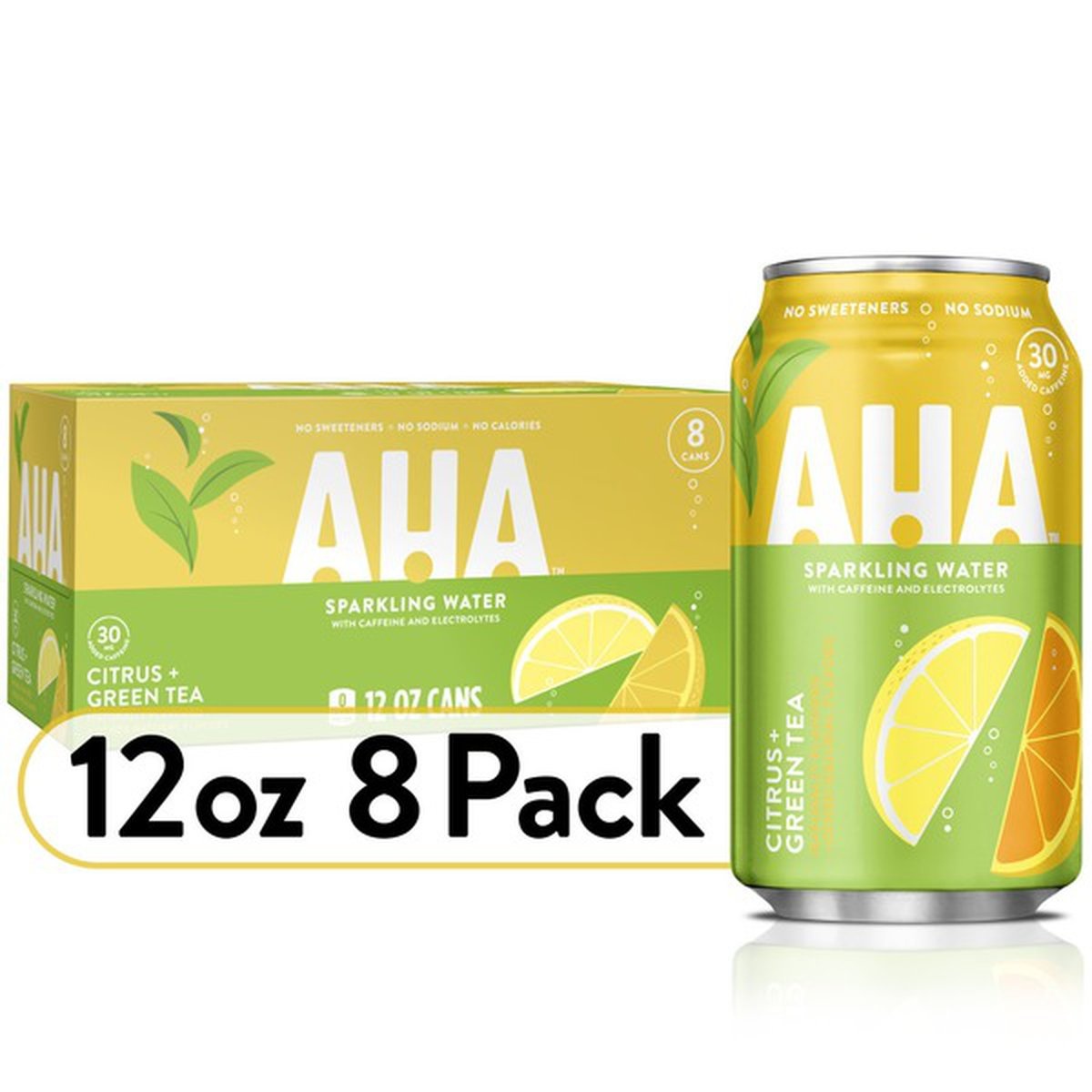 slide 1 of 1, Aha Sparkling Water, Citrus + Green Tea Flavored Water, With Caffeine & Electrolytes, Zero Calories, Sodium Free, No Sweeteners, 8 ct; 12 oz
