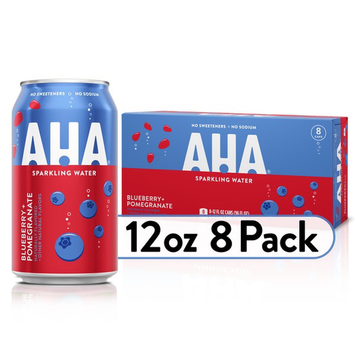 slide 1 of 1, Aha Sparkling Water, Blueberry Pomegranate Flavored Water, Zero Calories, Sodium Free, No Sweeteners, 8 ct; 12 oz