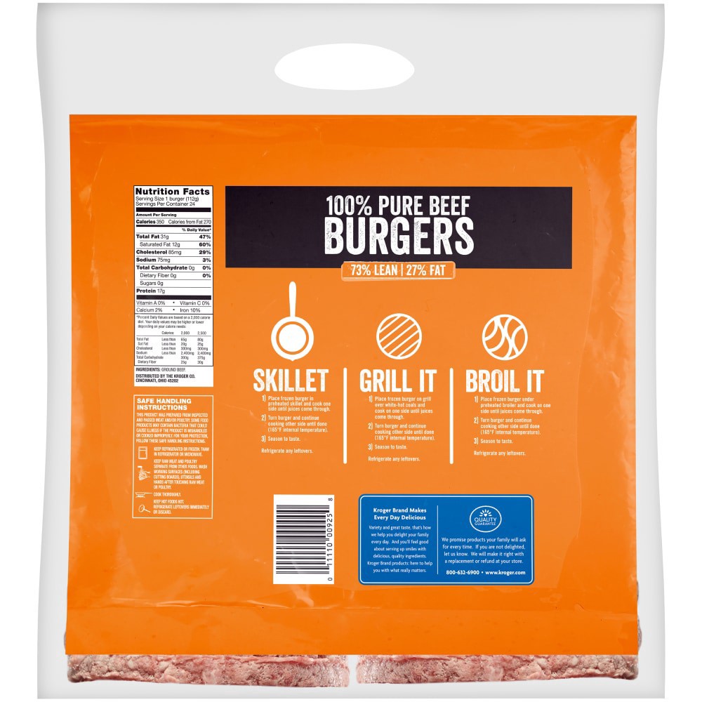 slide 2 of 2, Kroger 100% Pure Beef Quarter Pound Burgers 24 Count, 6 lb