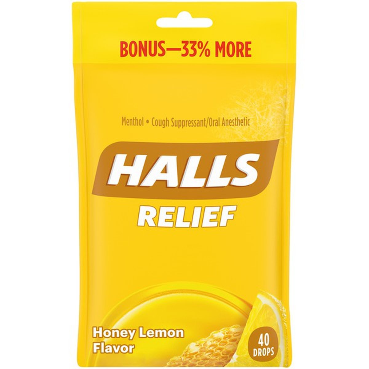 slide 1 of 1, Halls Relief Honey Lemon Menthol Cough Suppressant/Oral Anesthetic Drops, 40 ct