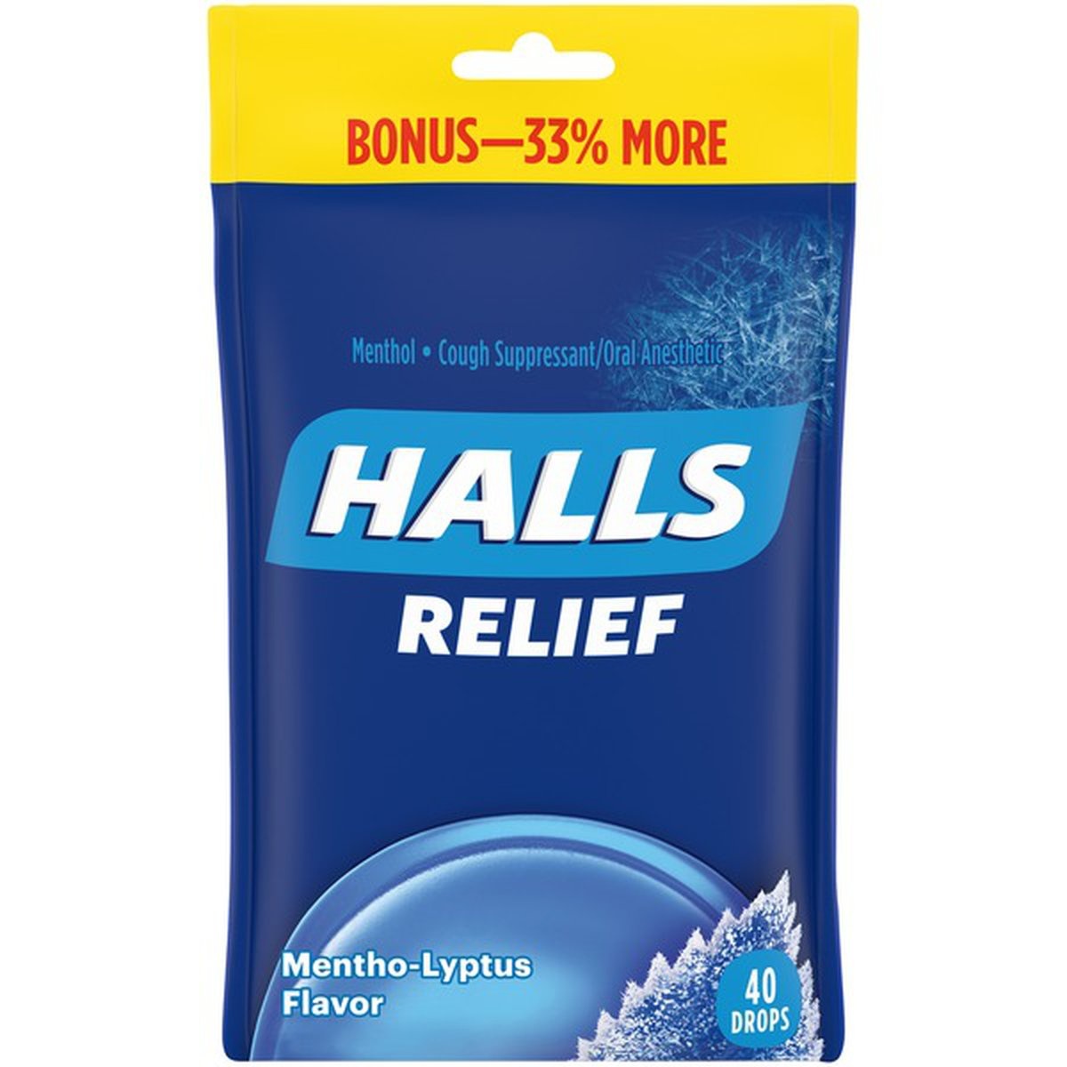 slide 1 of 1, Halls Relief Mentho Lyptus Cough Suppressant Oral Anesthetic Menthol Drops, 40 ct