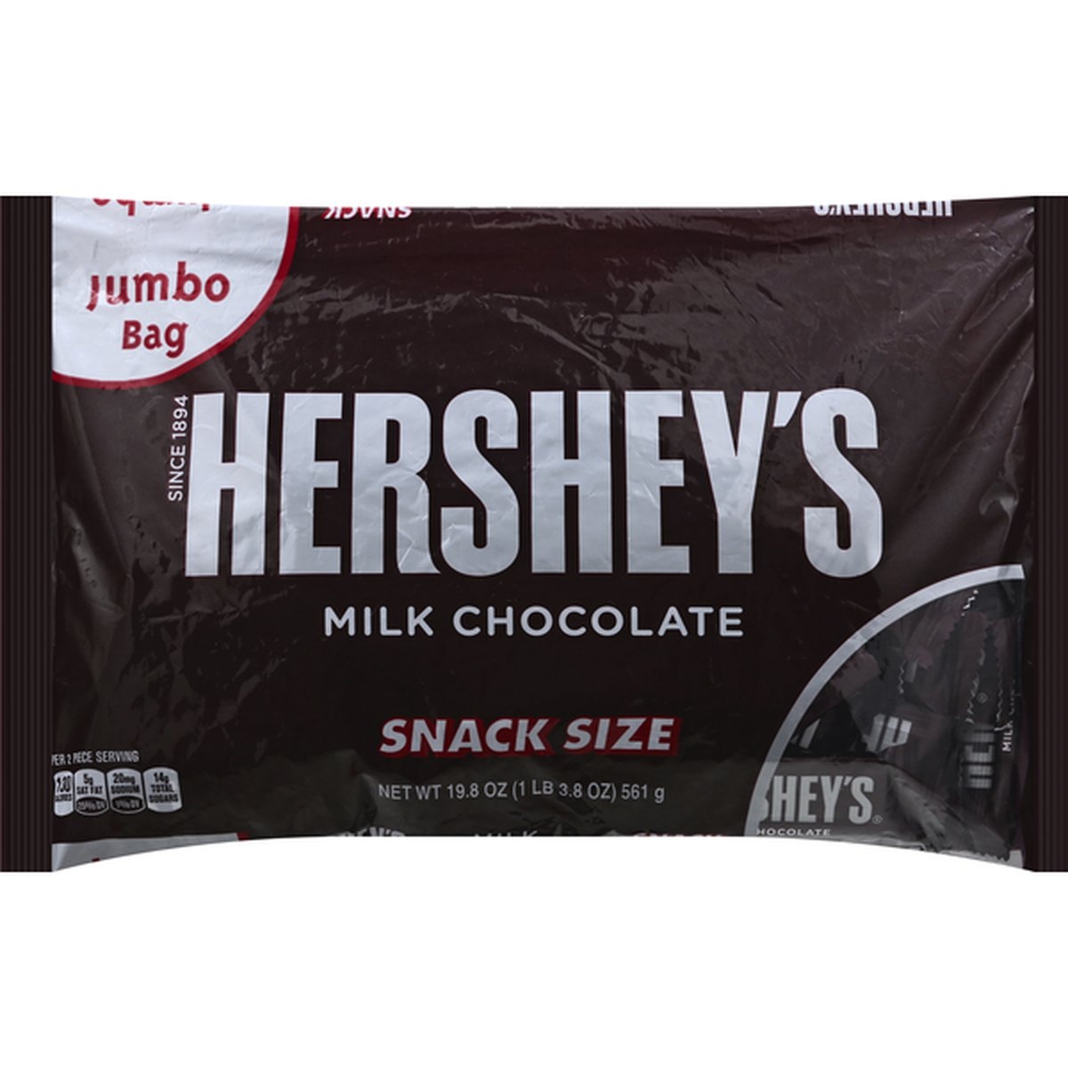 slide 1 of 1, Hershey's Candy, Milk Chocolate, Snack Size, Jumbo Bag, 19.8 oz