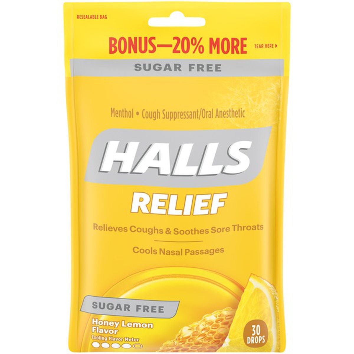 slide 1 of 1, Halls Honey Lemon Sugar Free Cough Drops, 30 ct