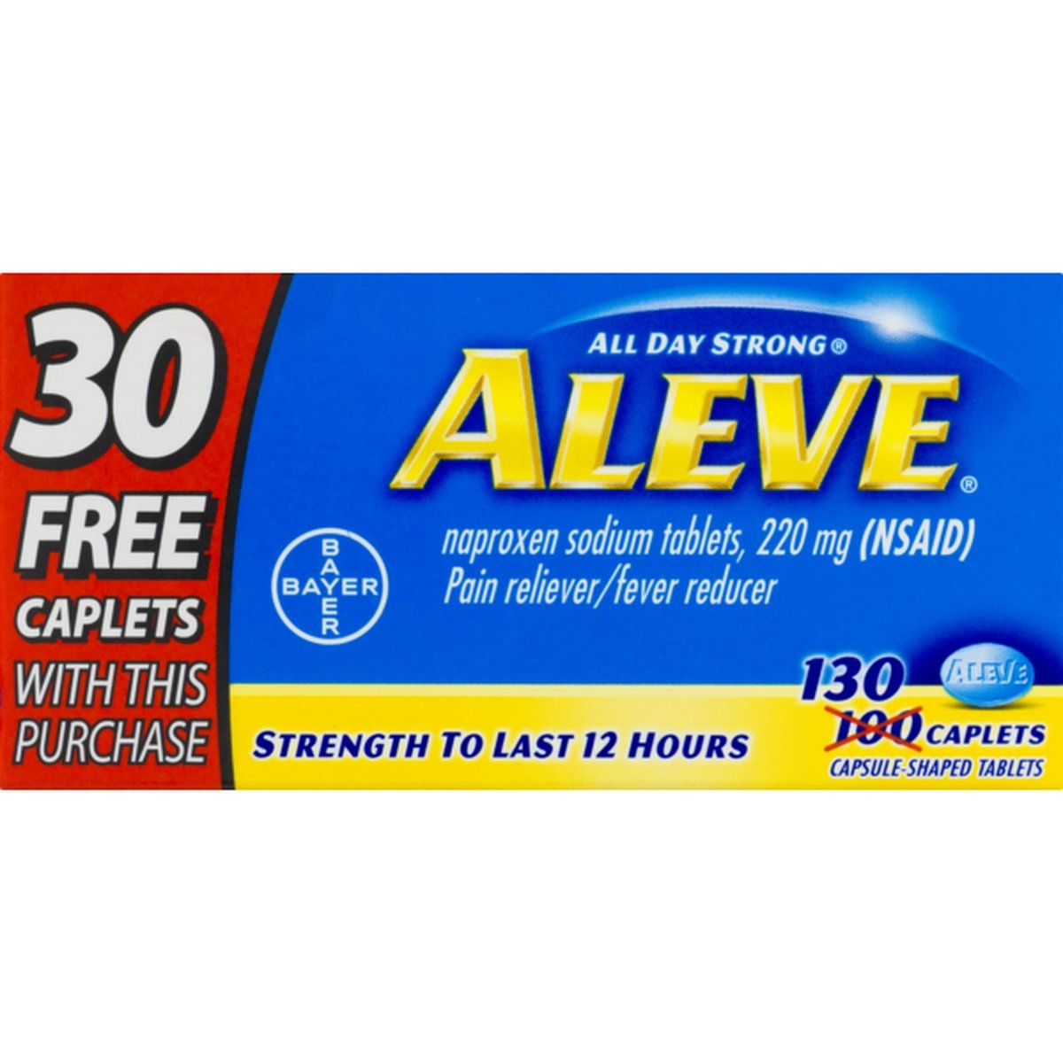 slide 1 of 1, Aleve All Day Strong Pain Reliever/Fever Reducer Tablets, 130 ct