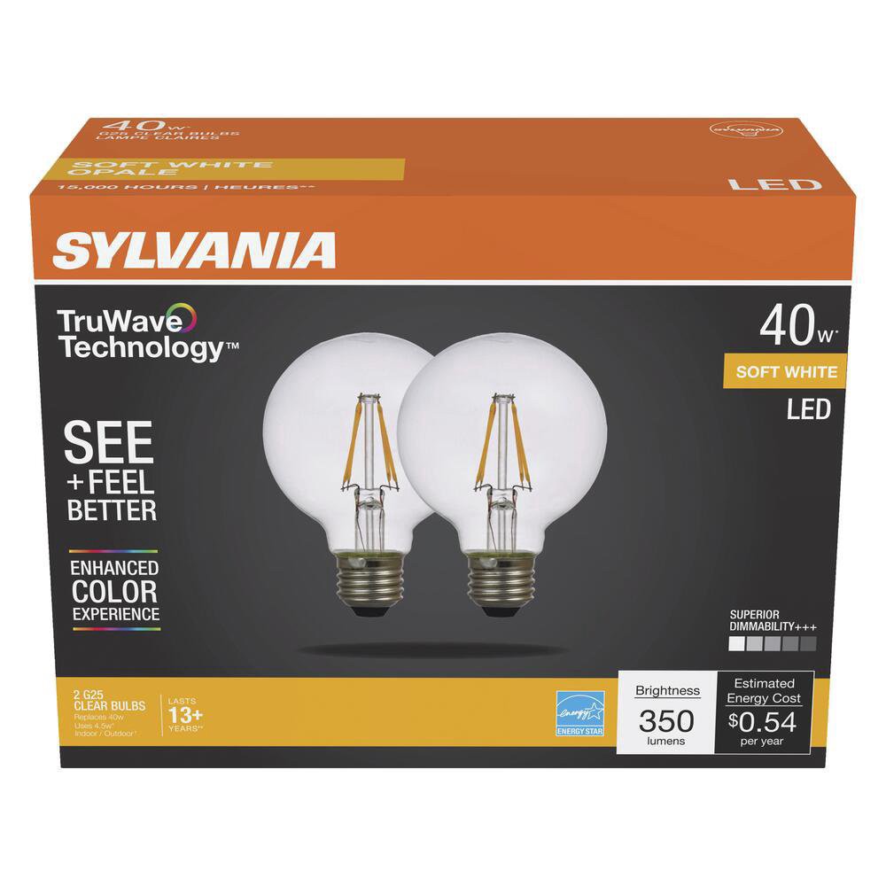 slide 1 of 1, Sylvania TruWave G25 40-Watt Soft White LED Light Bulbs, 2 ct