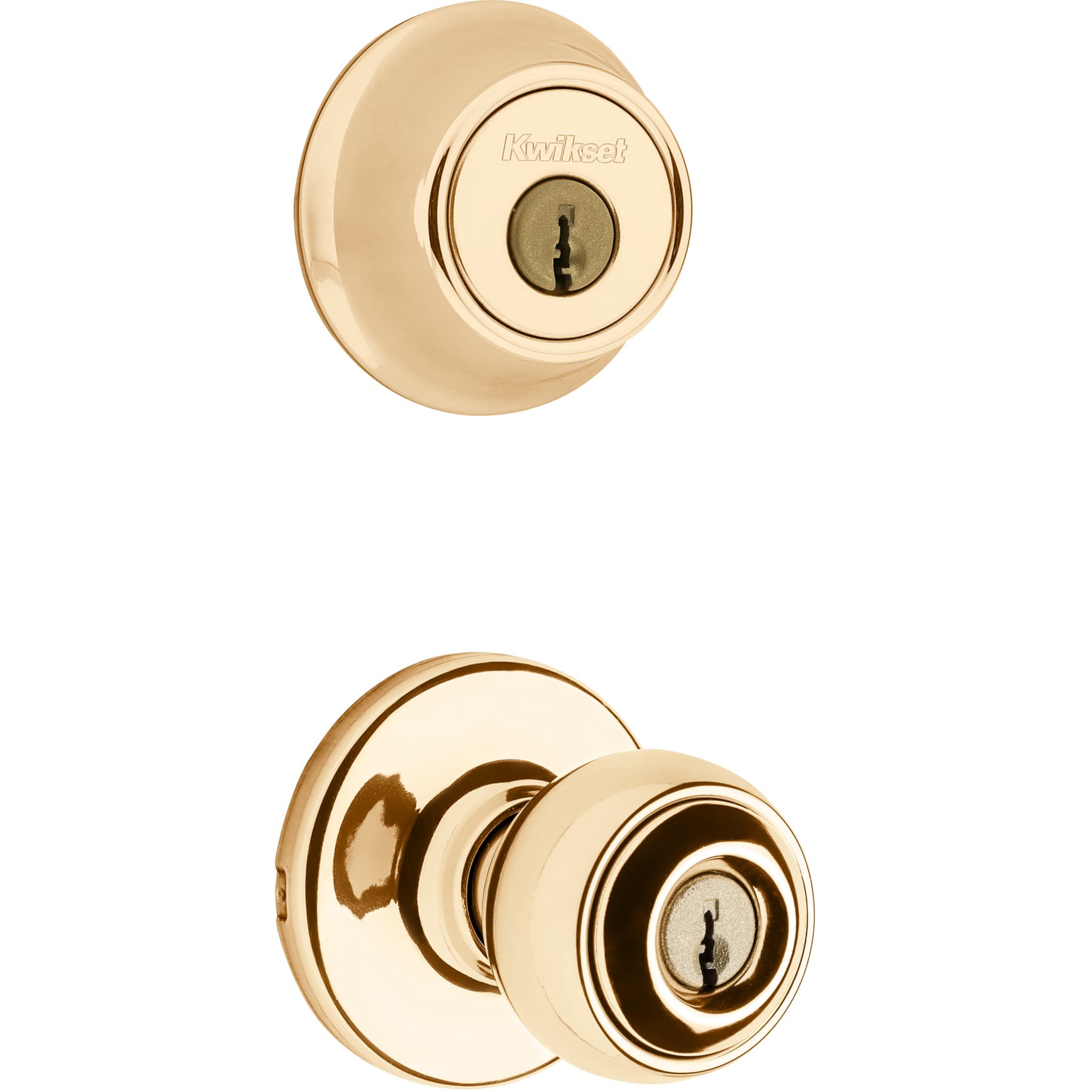slide 2 of 6, Kwikset Security Polo Polished Brass Exterior Double-cylinder Deadbolt Keyed Entry Door Knob Combo Pack with Antimicrobial Technology, 1 ct