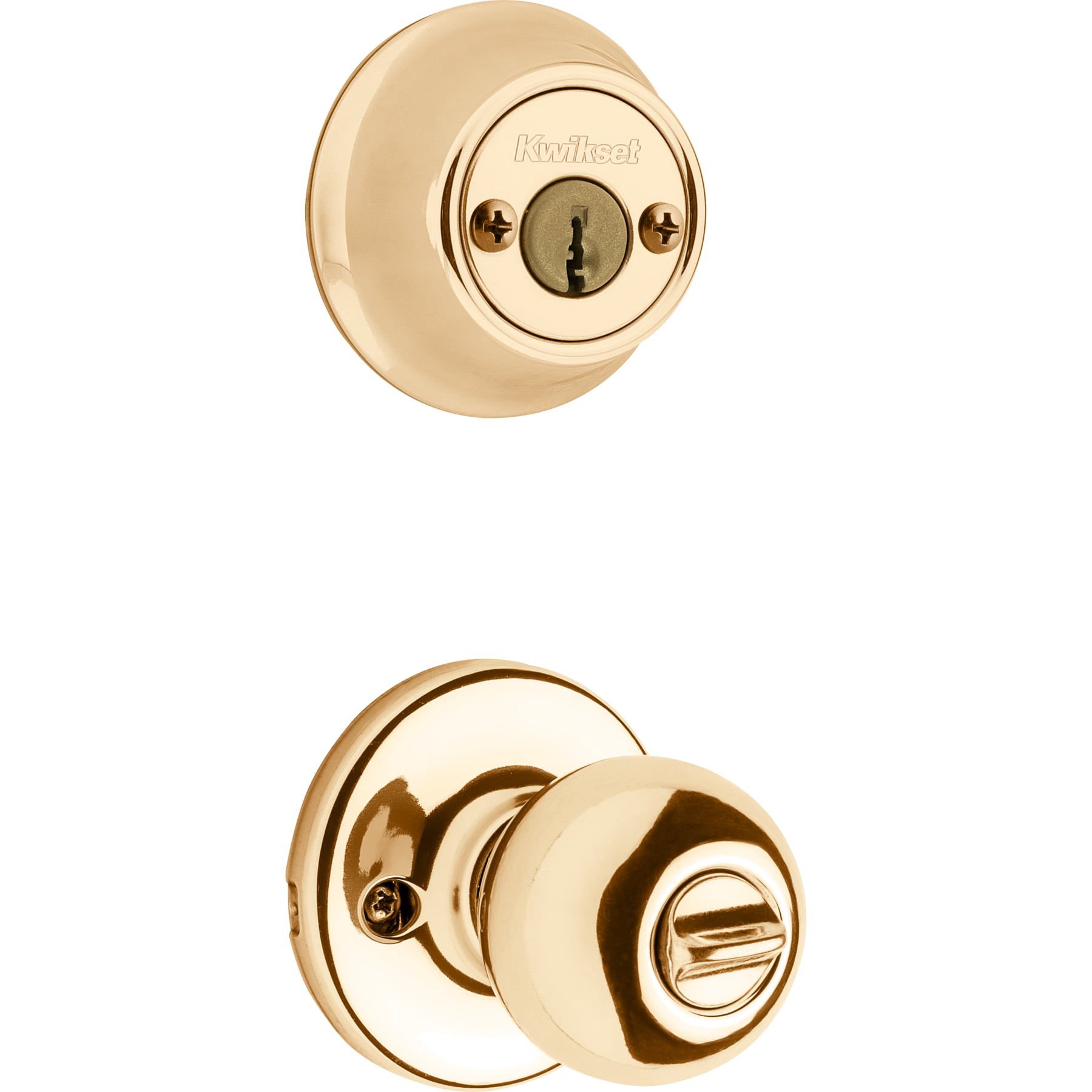 slide 3 of 6, Kwikset Security Polo Polished Brass Exterior Double-cylinder Deadbolt Keyed Entry Door Knob Combo Pack with Antimicrobial Technology, 1 ct