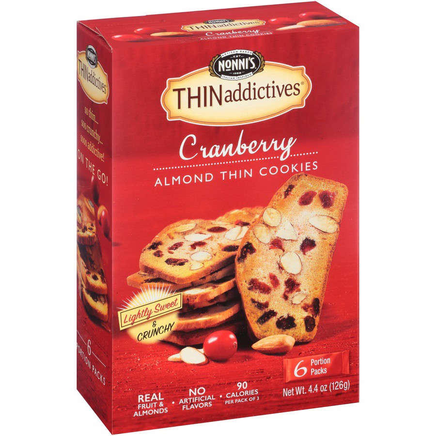 slide 8 of 8, Nonni's THINaddictives Cranberry Almond Cookie Crisps, 6-count carton 4.4 oz, 6 ct