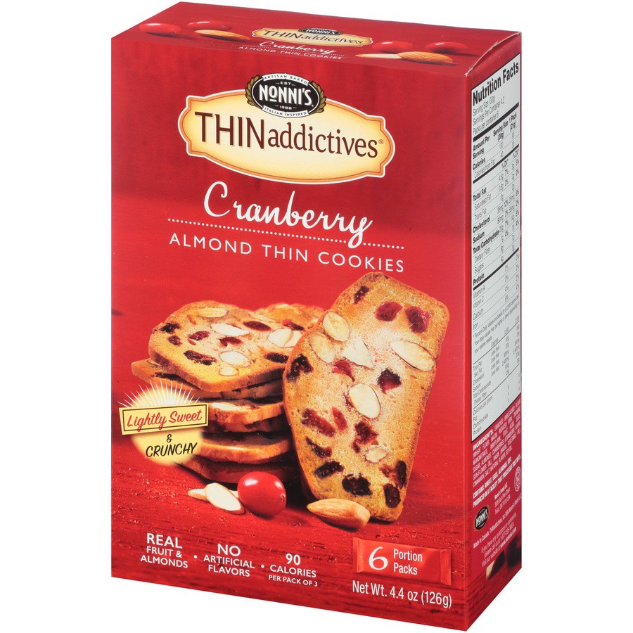 slide 5 of 8, Nonni's THINaddictives Cranberry Almond Cookie Crisps, 6-count carton 4.4 oz, 6 ct