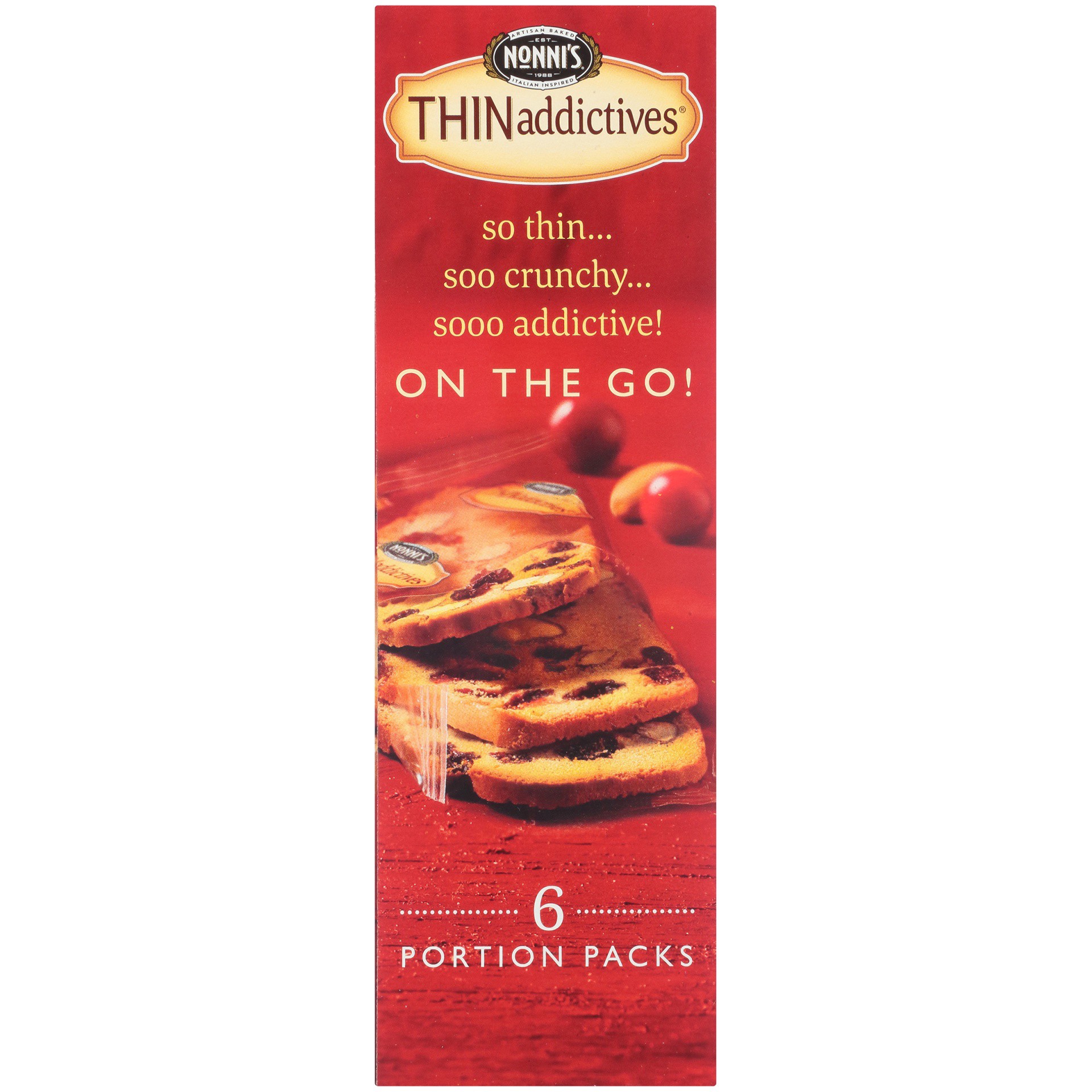 slide 6 of 8, Nonni's THINaddictives Cranberry Almond Cookie Crisps, 6-count carton 4.4 oz, 6 ct