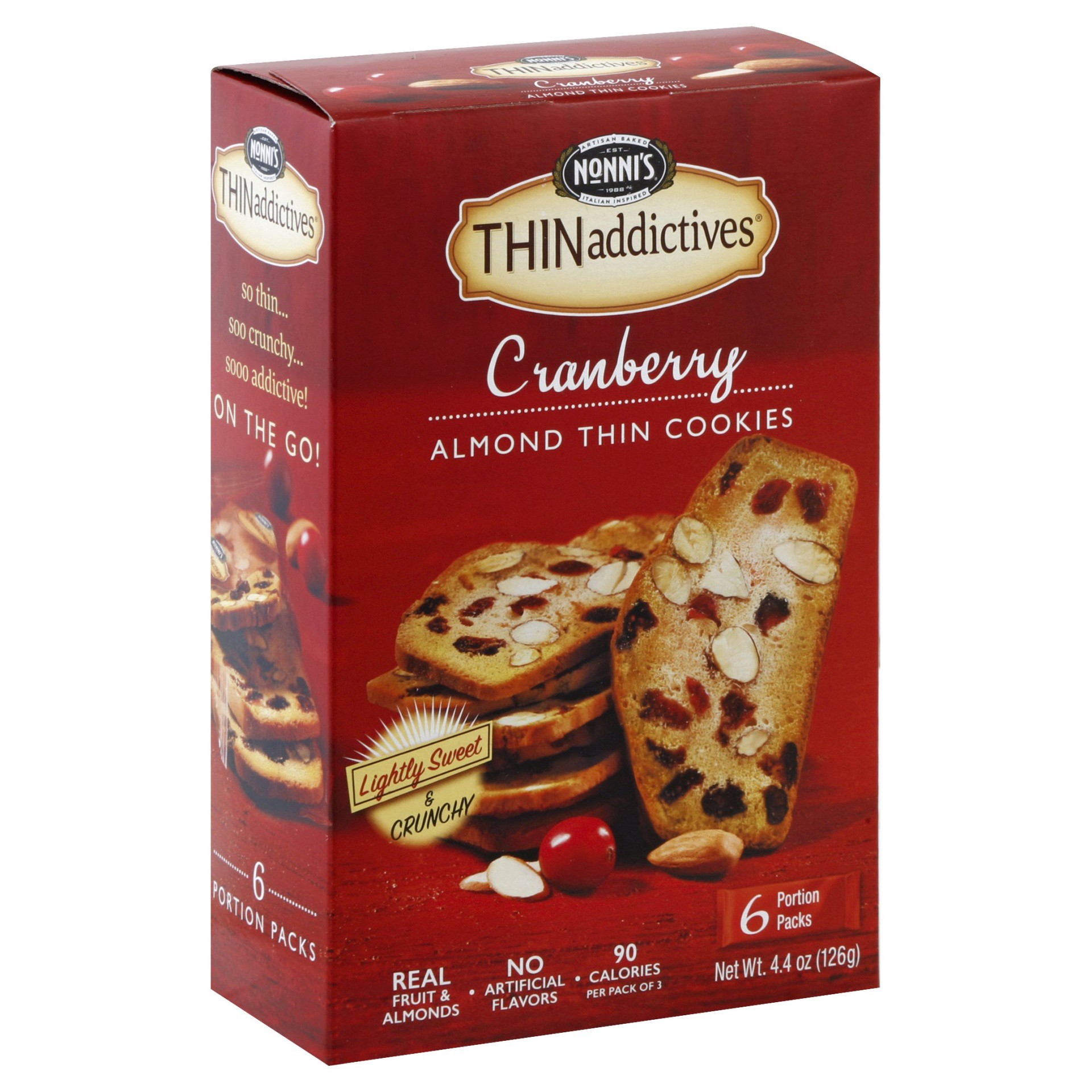 slide 1 of 8, Nonni's THINaddictives Cranberry Almond Cookie Crisps, 6-count carton 4.4 oz, 6 ct