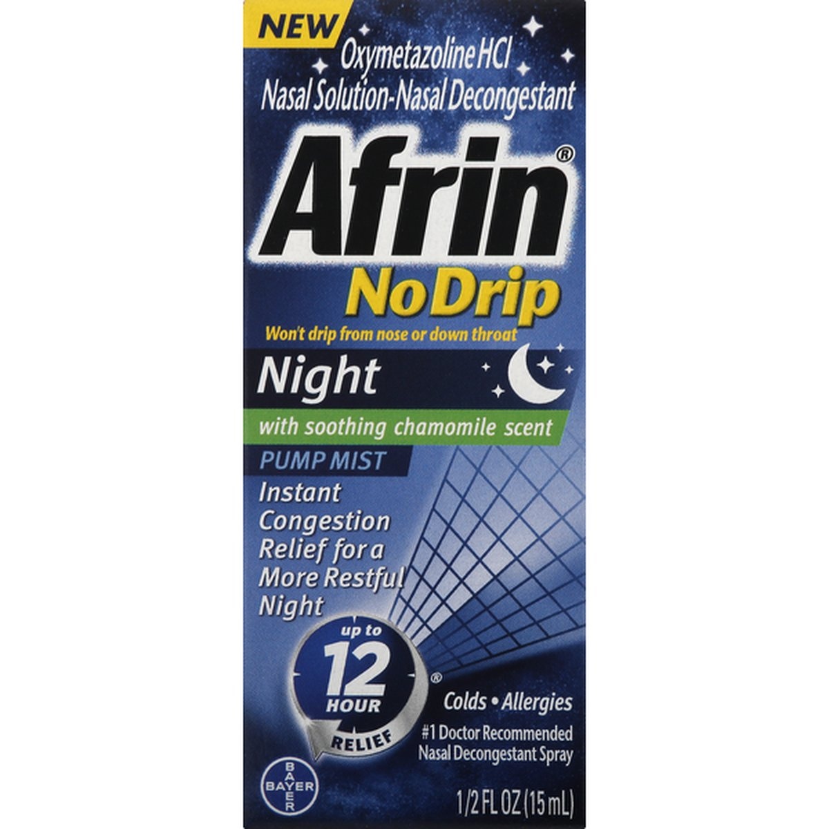 slide 1 of 1, Afrin Nasal Decongestant, Night, No Drip, Pump Mist, Chamomile Scent, 0.5 oz