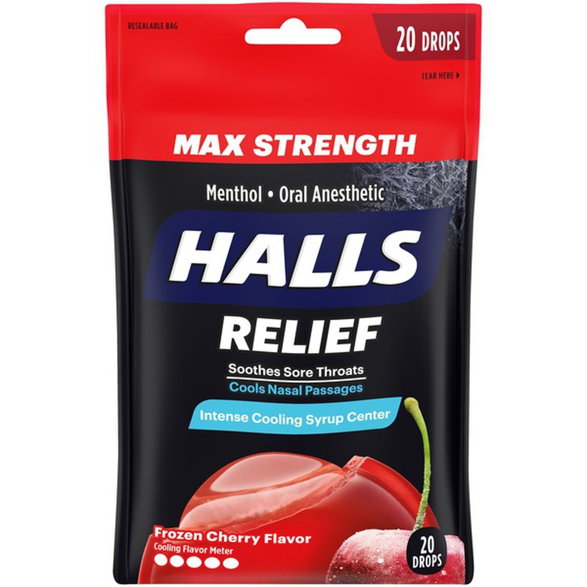 slide 1 of 1, Halls Relief Max Strength Extra Strong Menthol Throat Drops, Frozen Cherry Flavor, 20 Drops, 3 oz