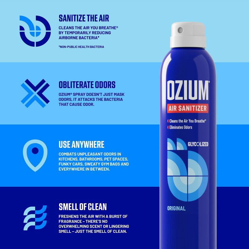 slide 2 of 8, OZIUM 3.5oz Original Scent Air Sanitizer Spray: Odor Eliminator & Freshener, Ozone Spray, Clear Liquid, 1 Pack, 3.5 oz