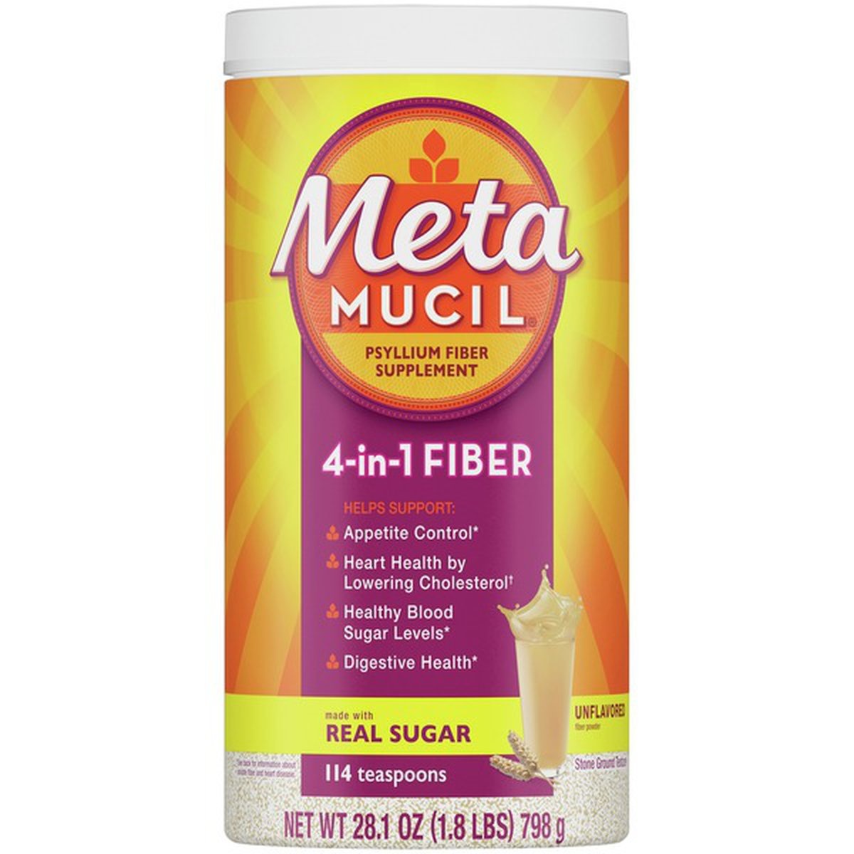 slide 1 of 1, Metamucil Multi-Health Psyllium Fiber Supplement, Unflavored Powder With Real, 28.1 oz