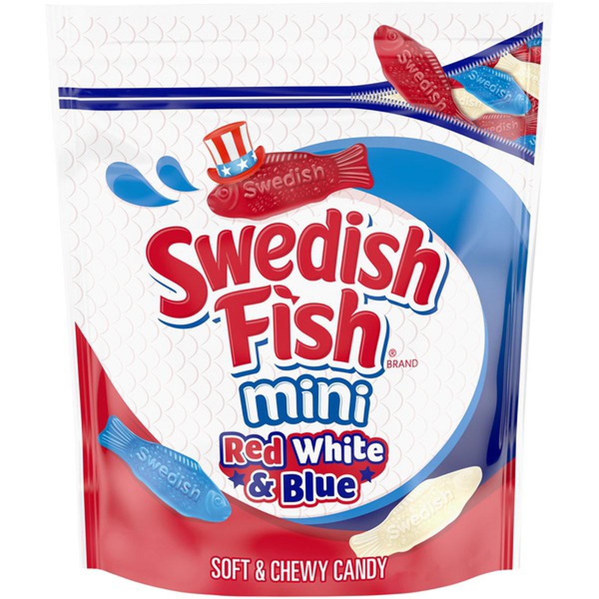 slide 1 of 1, Swedish Fish Mini Red White & Blue Soft & Chewy Candy, 1.8 lb