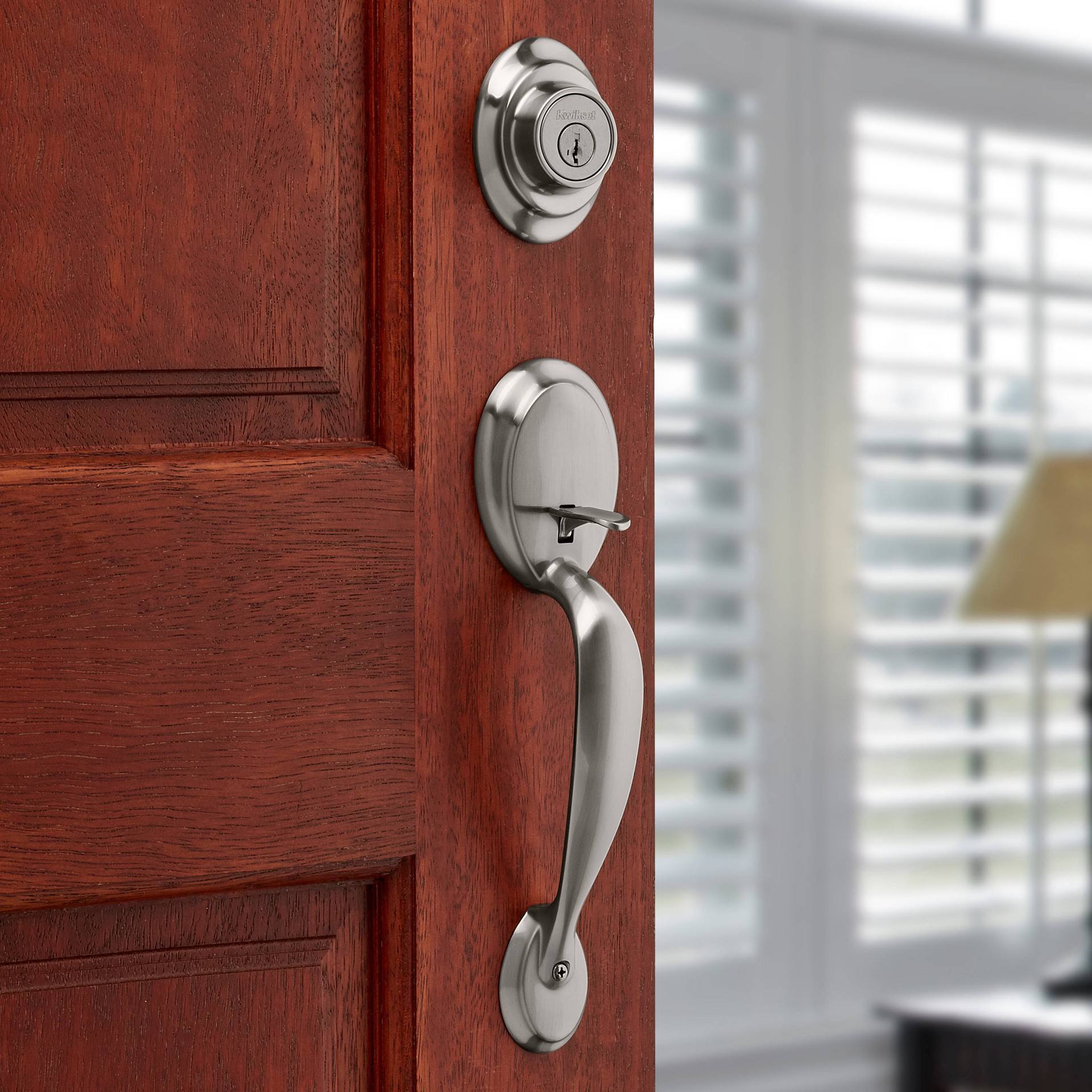 slide 4 of 6, Kwikset Dakota Satin Nickel Exterior Single-Cylinder Deadbolt and Keyed Entry Door Handleset ft. SmartKey Security, 1 ct