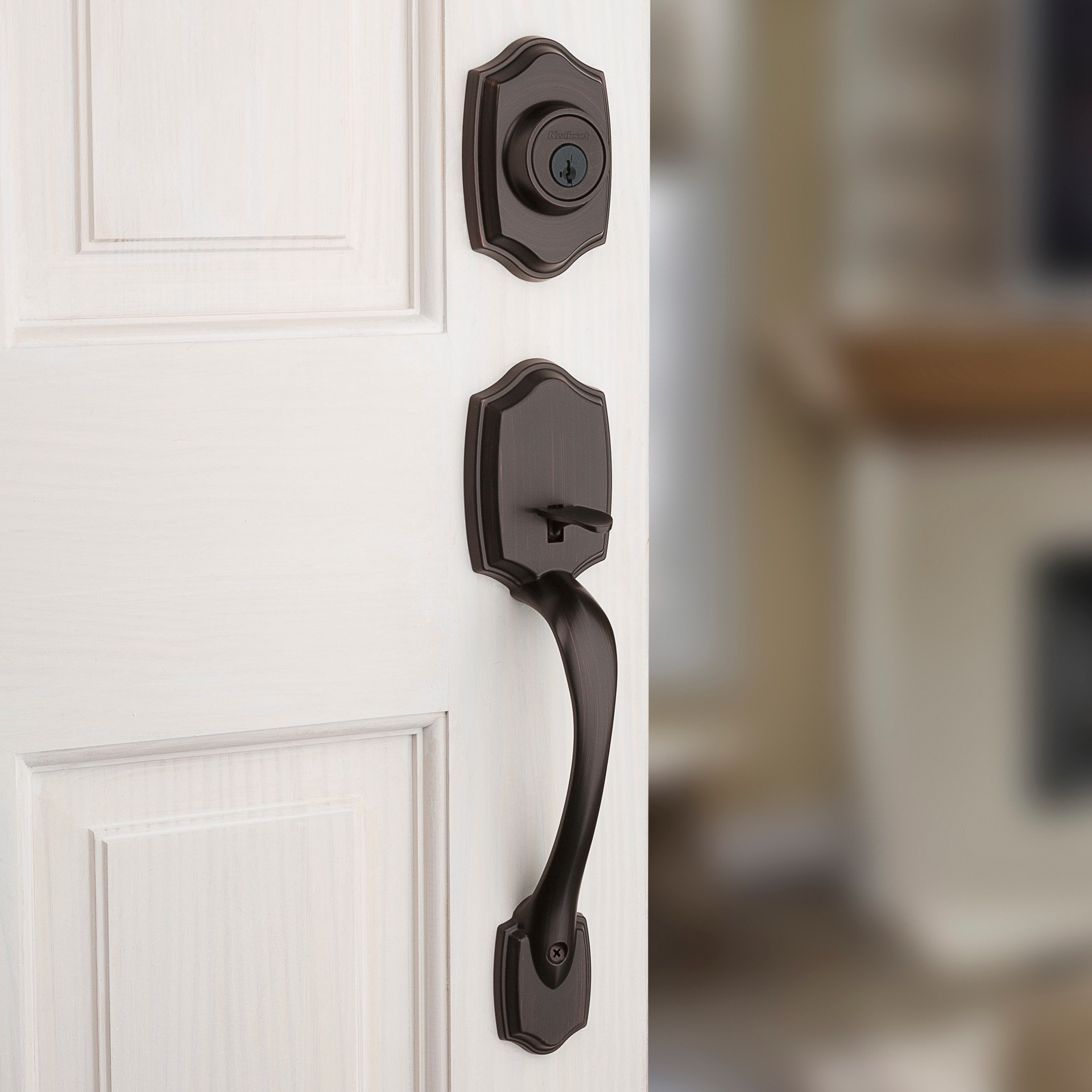 slide 4 of 6, Kwikset Belleview Venetian Bronze Exterior Single-Cylinder Deadbolt and Keyed Entry Door Handleset ft. SmartKey Security, 1 ct