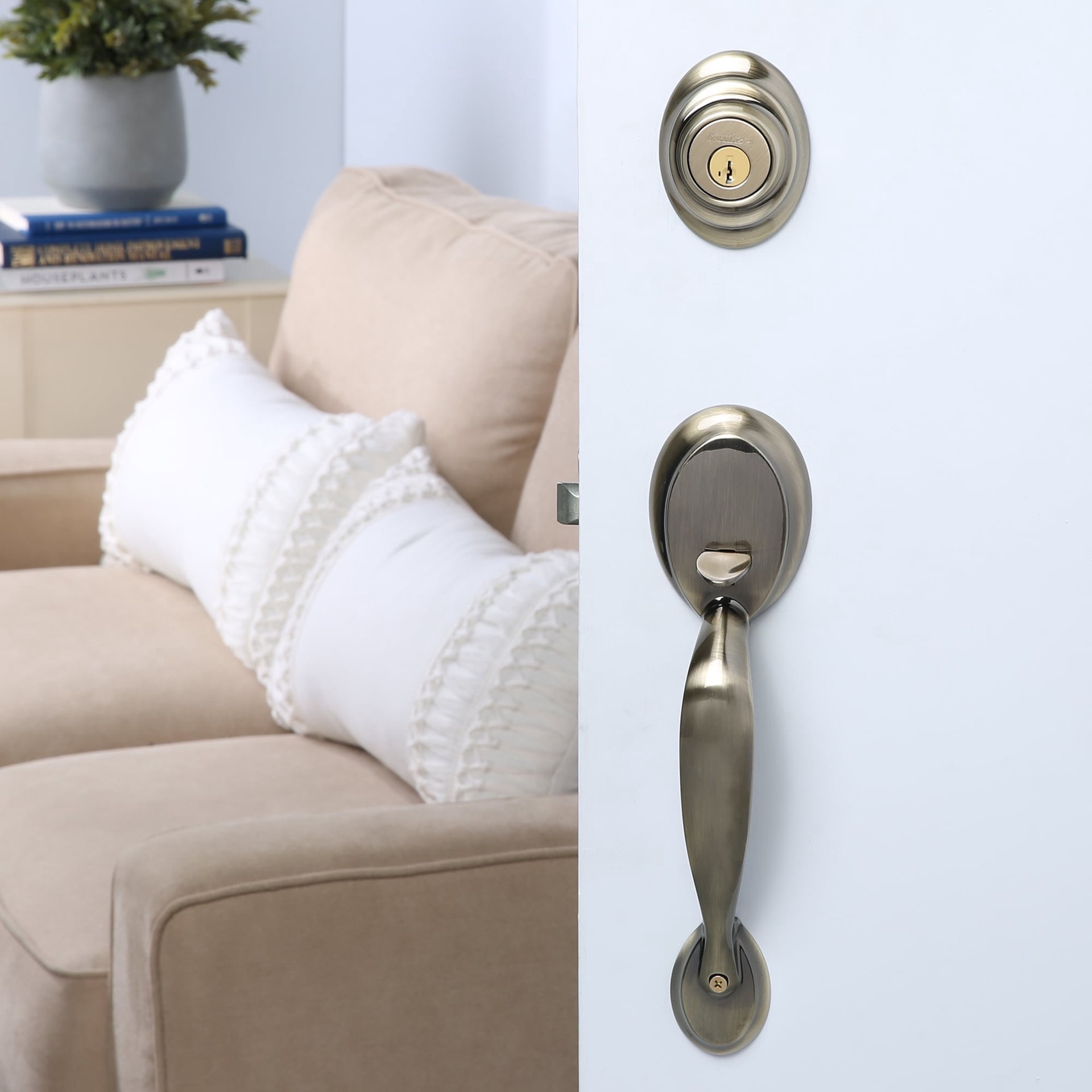 slide 2 of 6, Kwikset Dakota Antique Brass Exterior Single-Cylinder Deadbolt and Keyed Entry Door Handleset ft. SmartKey Security, 1 ct