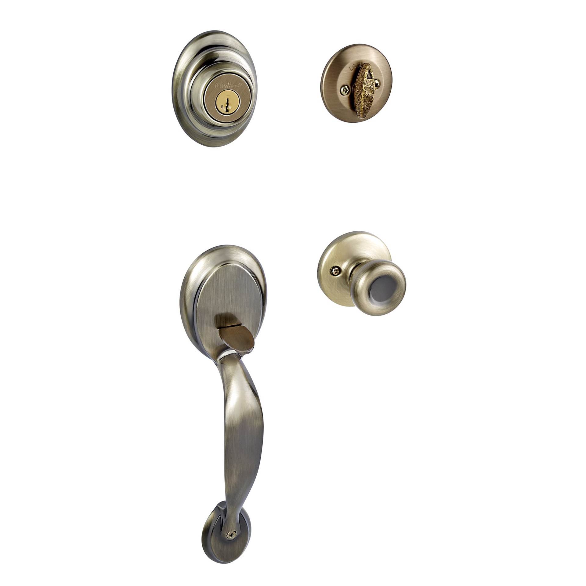 slide 3 of 6, Kwikset Dakota Antique Brass Exterior Single-Cylinder Deadbolt and Keyed Entry Door Handleset ft. SmartKey Security, 1 ct