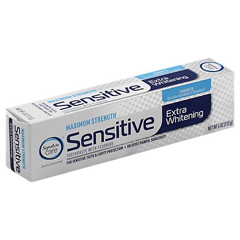 slide 1 of 1, Signature Care Toothpaste With Flouride Sensitive Extra Whitening Maximum Strength, 4 oz