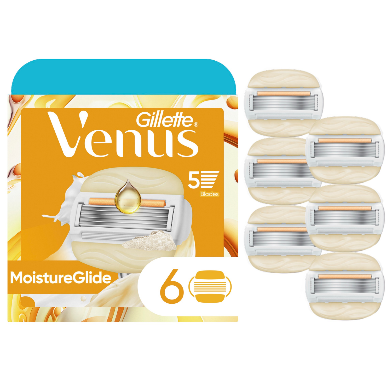 slide 1 of 5, GILLETTE VENUS Venus MoistureGlide Women's Razor Blades, With Built-in Shave Gel Bars, 6 Razor Blade Refills, 1 ct