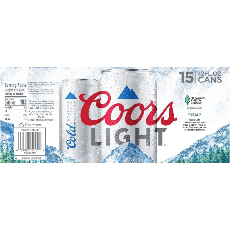 slide 9 of 9, Coors Light Beer - 15pk/12 fl oz Cans, 15 ct; 12 fl oz