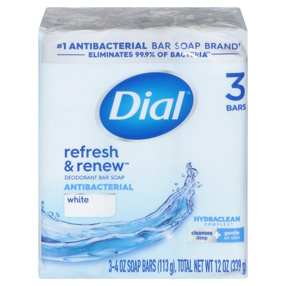slide 1 of 9, Dial Refresh & Renew White Antibacterial Deodorant Bar Soap Large 3 - 4 oz Bars, 3 ct