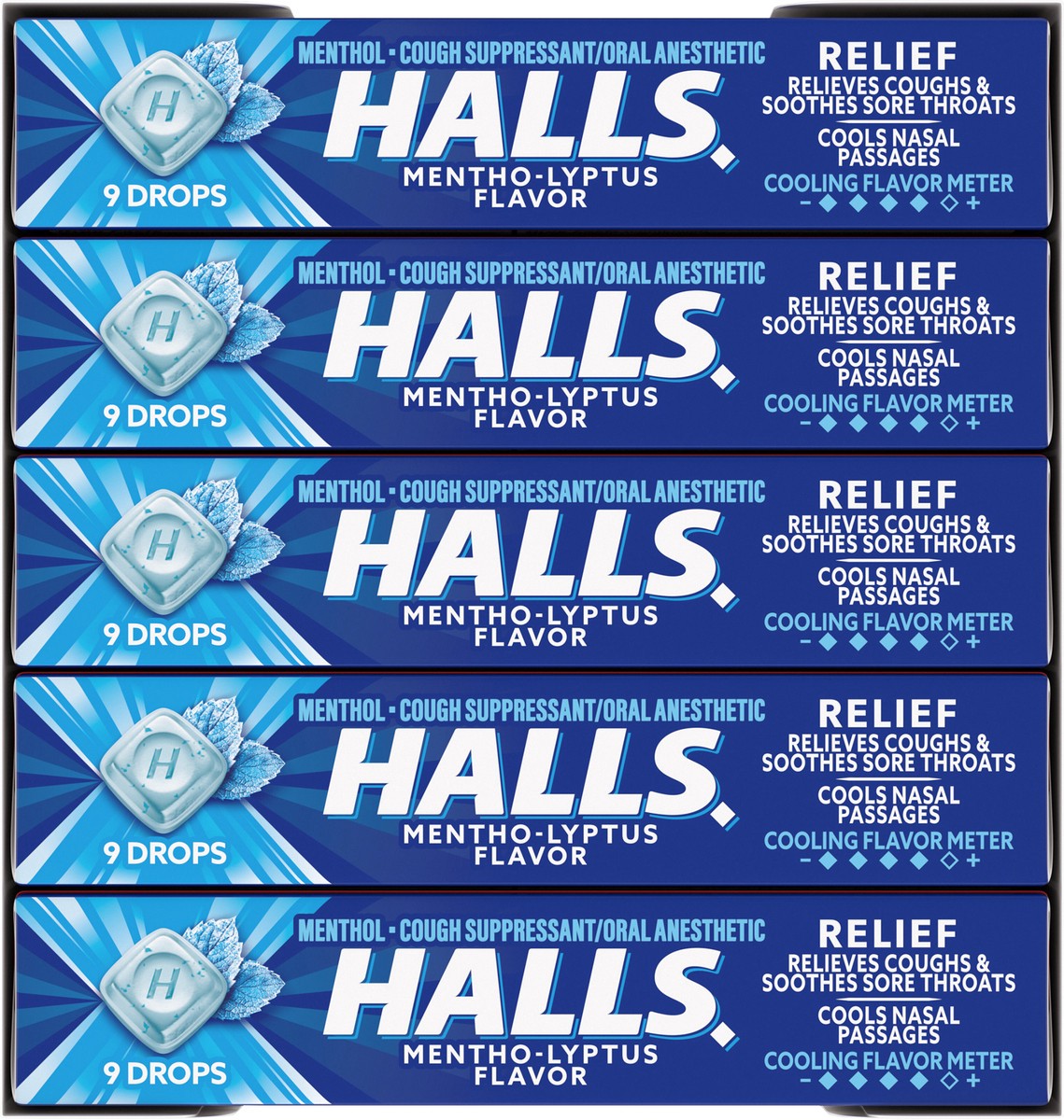 slide 5 of 12, HALLS Relief Mentho-Lyptus Cough Drops, 20 Packs of 9 Drops (180 Total Drops), 23.18 oz
