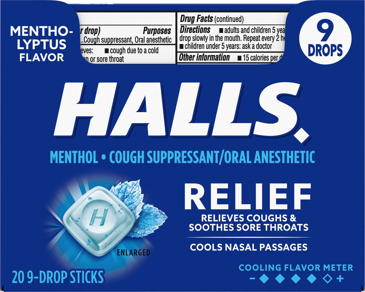 slide 2 of 12, HALLS Relief Mentho-Lyptus Cough Drops, 20 Packs of 9 Drops (180 Total Drops), 23.18 oz
