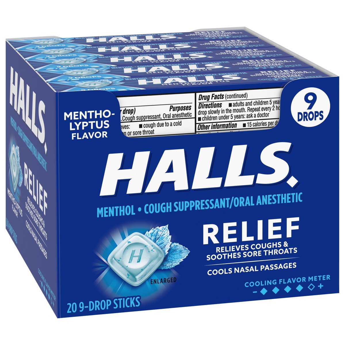 slide 5 of 12, HALLS Relief Mentho-Lyptus Cough Drops, 20 Packs of 9 Drops (180 Total Drops), 23.18 oz