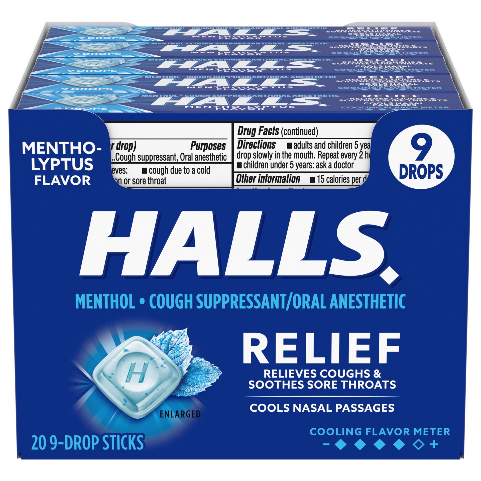 slide 1 of 12, HALLS Relief Mentho-Lyptus Cough Drops, 20 Packs of 9 Drops (180 Total Drops), 23.18 oz
