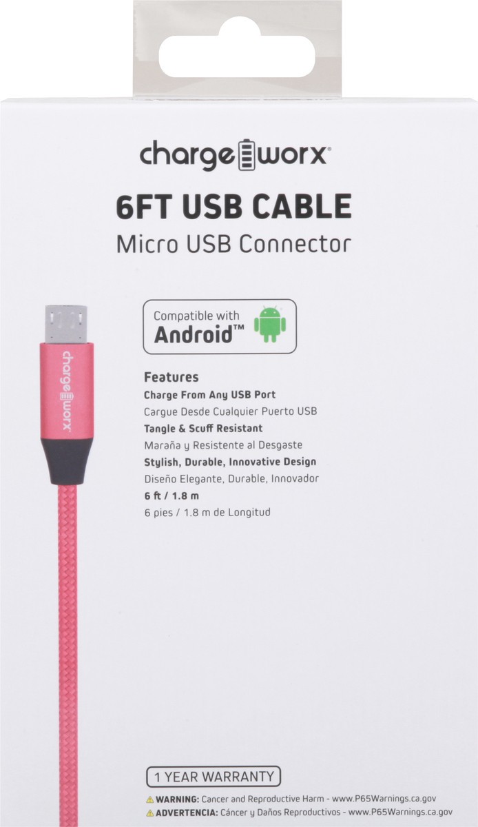 slide 3 of 9, Chargeworx Red Micro USB Connector Cable, 6 ft