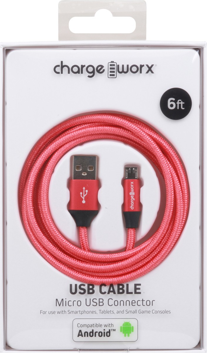 slide 4 of 9, Chargeworx Red Micro USB Connector Cable, 6 ft