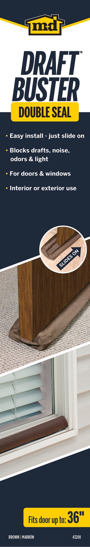 slide 6 of 6, M-D 3-ft x 3-11/32-in x 1-1/2-in Brown Foam/Cloth Door Weatherstrip, 1 ct