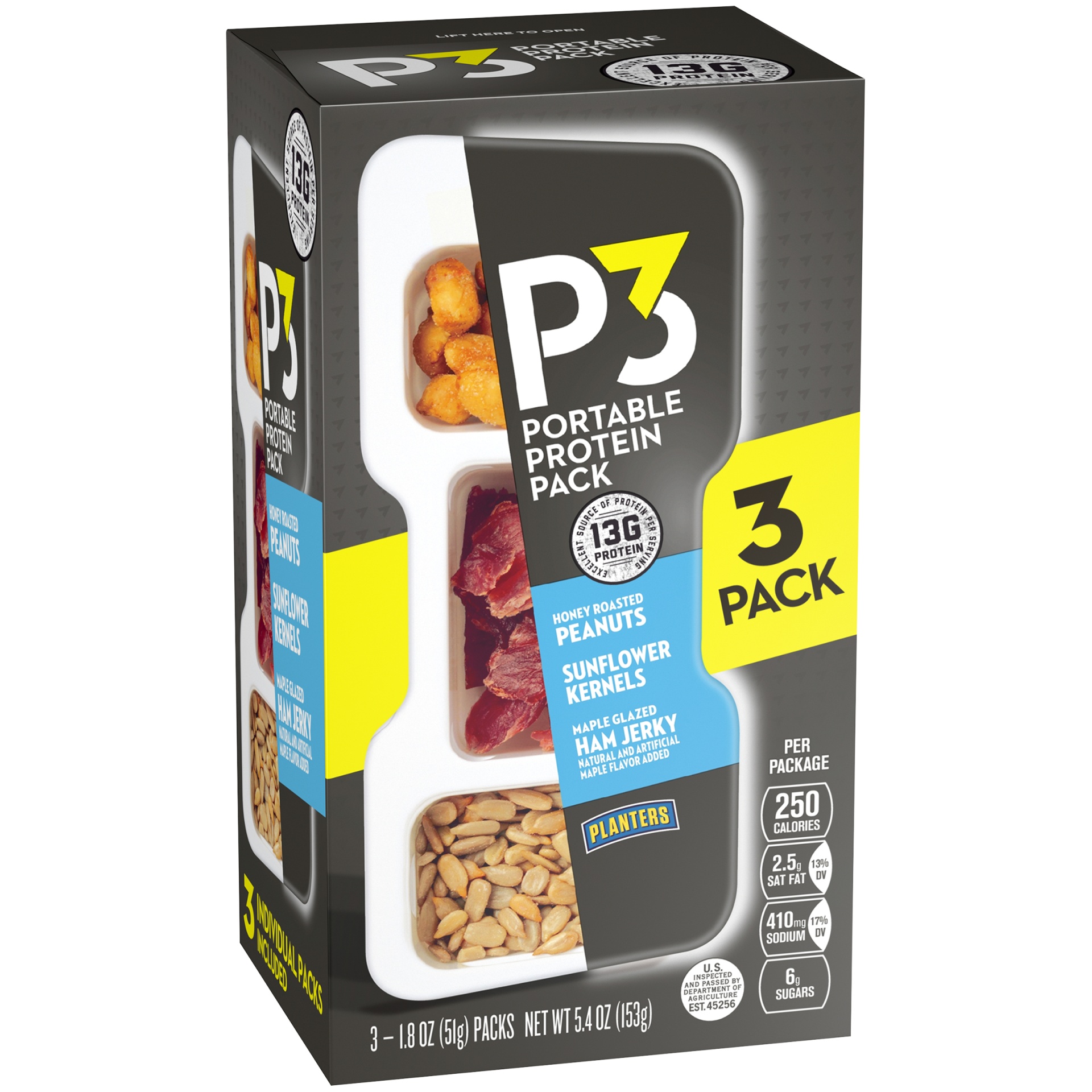 slide 3 of 7, P3 Portable Protein Snack Pack with Honey Roasted Peanuts, Sunflower Kernels & Maple Glazed Ham Jerky Trays, 5.4 oz