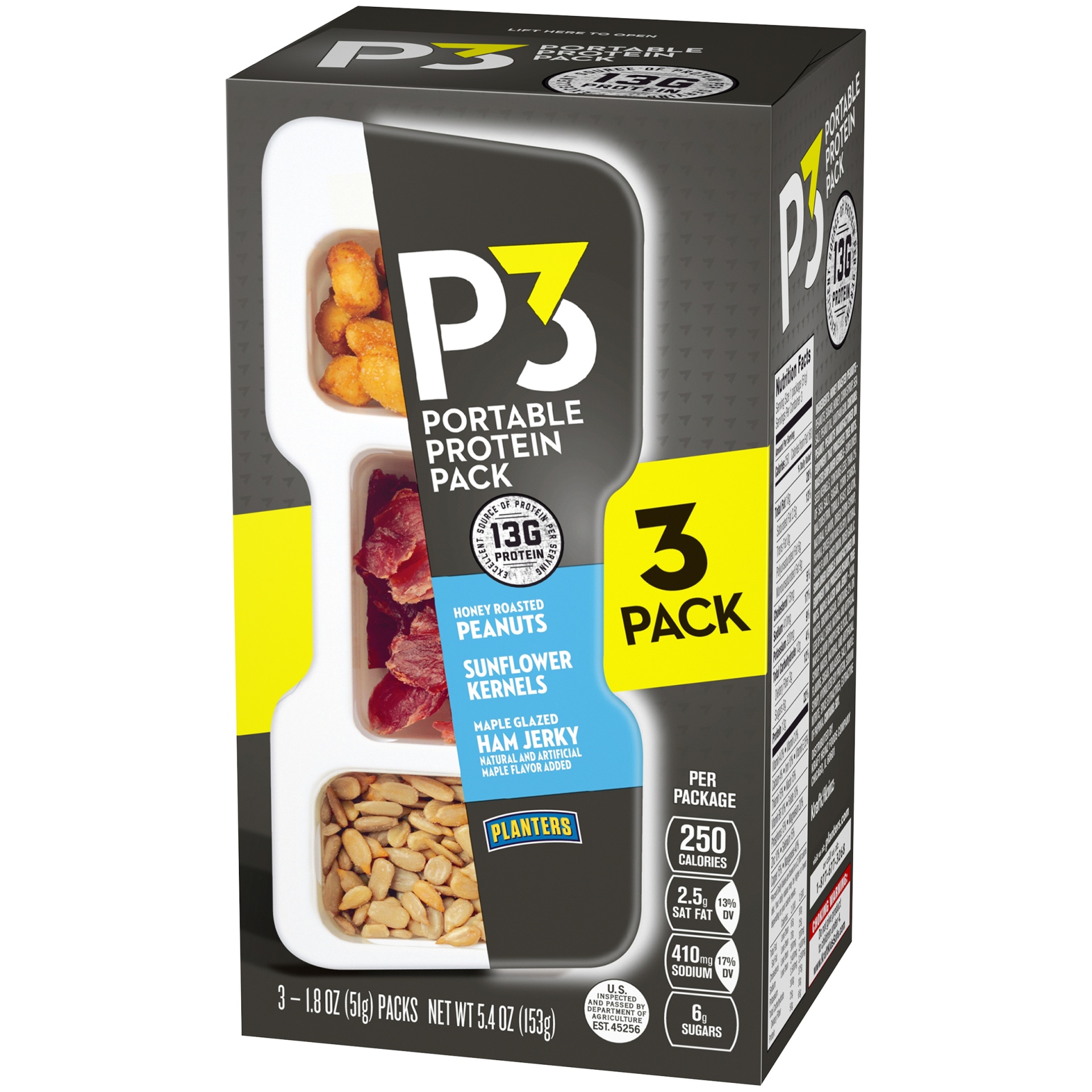 slide 4 of 7, P3 Portable Protein Snack Pack with Honey Roasted Peanuts, Sunflower Kernels & Maple Glazed Ham Jerky Trays, 5.4 oz